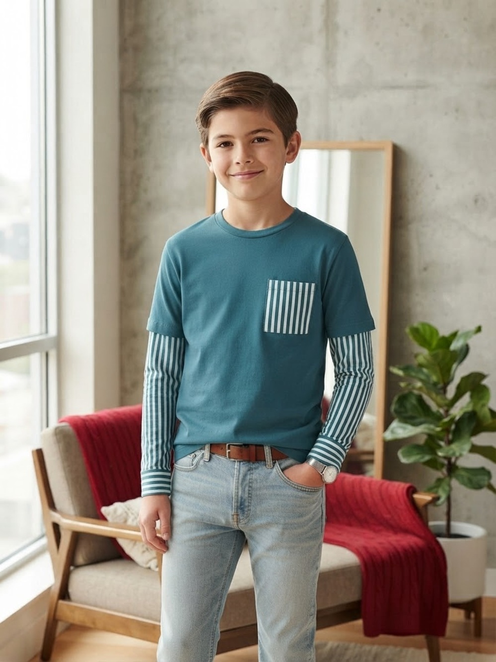 Boys Teal Layered-Look Short-Sleeve Tee with Striped Pocket